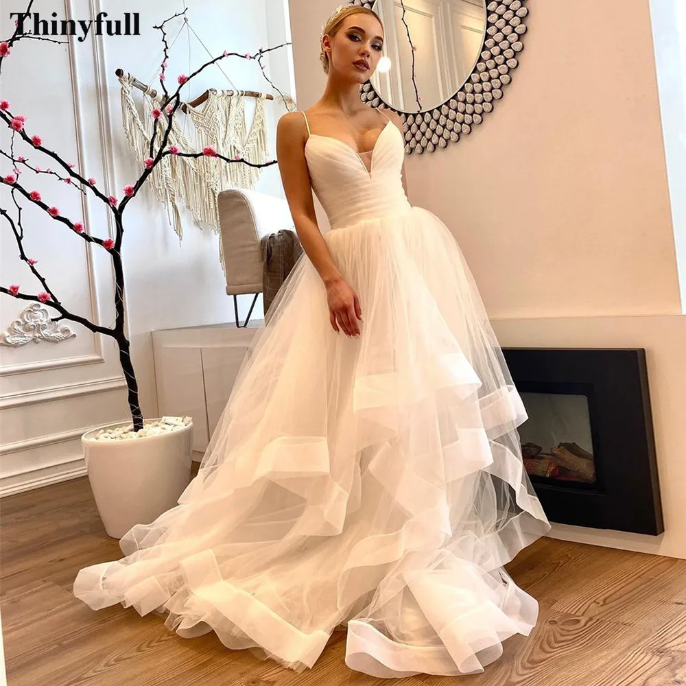 Thinyfull Ivory A Line Ruffles Wedding Dresses Boho Spaghetti Straps Pleats Bride Wedding Party Gowns V-neck Bridal Dress 2022