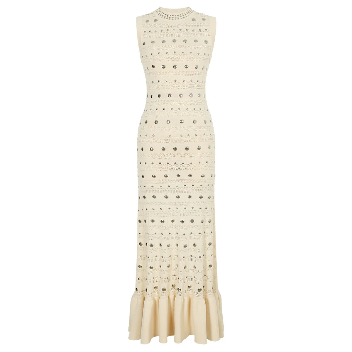 

Women Black Knitted Dress Sleeveless Rivet Decoration Slim Fit Evening Party Midi Robe