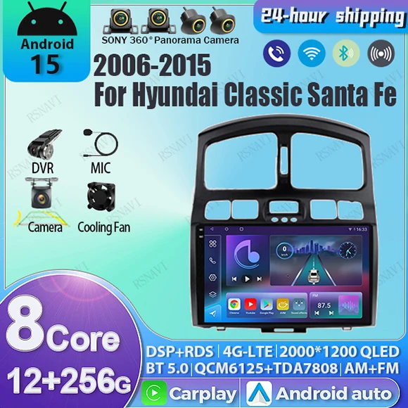 Автомобильное мультимедийное радио Android 15 для Hyundai Santa Fe SM 2000-2012 для JAC S1 (Rein) 2007-2013, навигация, GPS-плеер, стерео