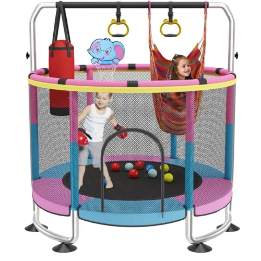 

60 Indoor Outdoor Trampoline with Enclosure Net and Adjustable Gymnastics Bar 440lbs Capacity Blue Frame Ideal for Ages 1-8 Boy
