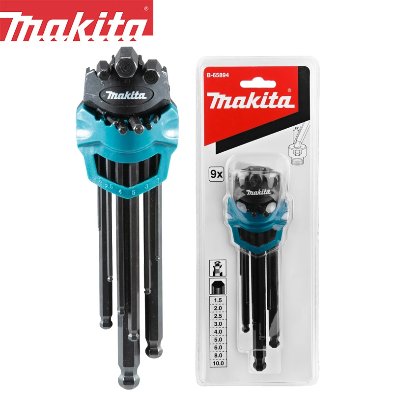 Makita-Juego de Llaves hexagonales de 9 piezas, juego de Llaves hexagonales de 1,5-10mm, extensión en forma de L, B-65894