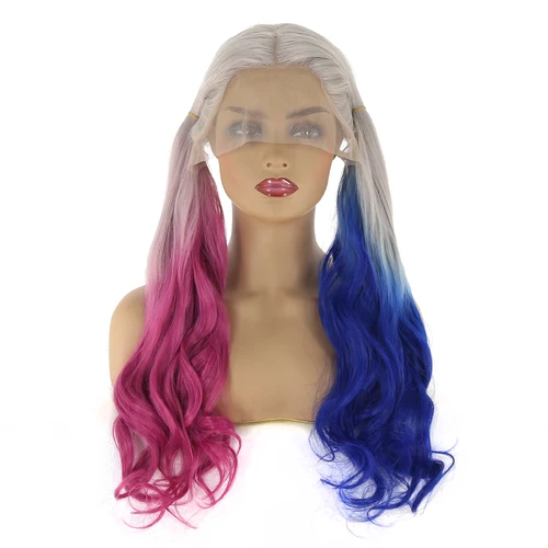 Cosplay Halloween gris Ombre rosa azul pelo sintético pelucas delanteras de encaje para mujeres fibra resistente al calor pelo largo ondulado pelucas