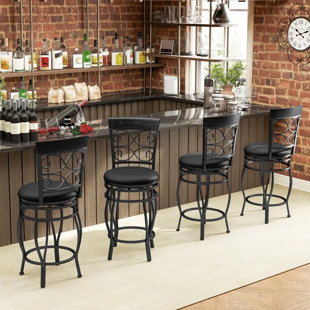 

26" Swivel Bar Stools Set of 4, Counter Height Bar Stools with Back, Upholstered PU Leather Seat, Vintage Metal Barstools