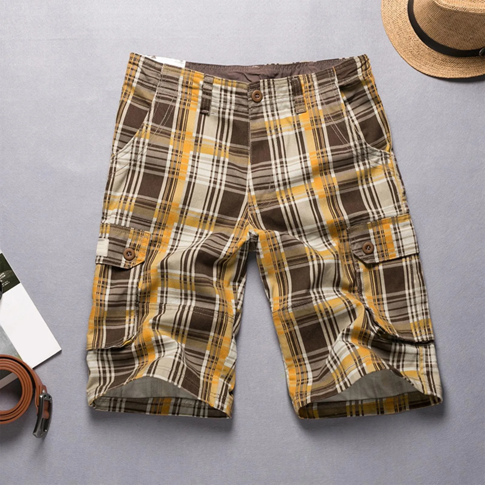 

Summer Vintage Plaid Shorts Men Five-Point Fit Checkered Pockets Short Cargo Pants Casual Business Office Work Outwork Bottoms