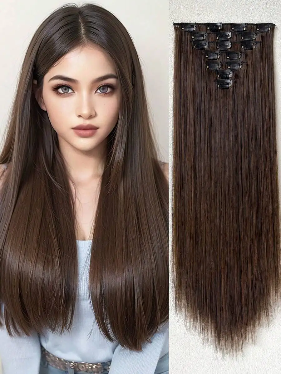 

Clip In Hair Extensions Brown Color 16 CLips 24 Inch Long Water Wave Hair Extension For Girl Women Full Head Synthetic Hair