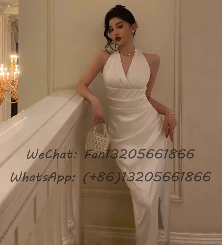 Fashion White Halter V-neck Prom Dresses Ankle Length Pleat Split Mermaid Formal Occasion Dress For Women Wedding Guest Gown