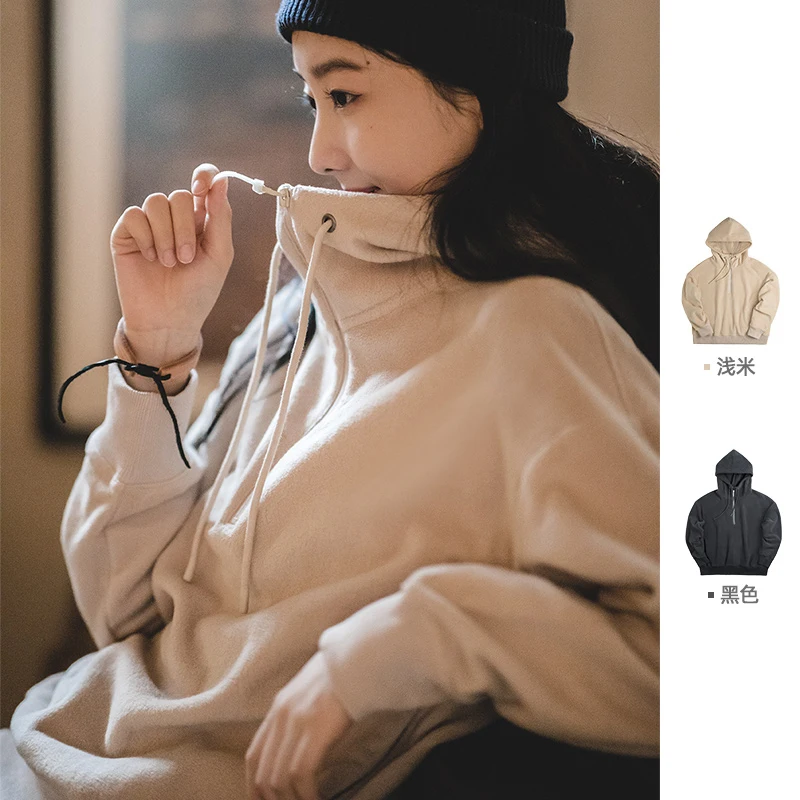 Maden Fleece-Lined Thickened Hoodies for Women Autumn and Winter Thermal Pullovers Solid Color Sweatshirt Basic Hoodies