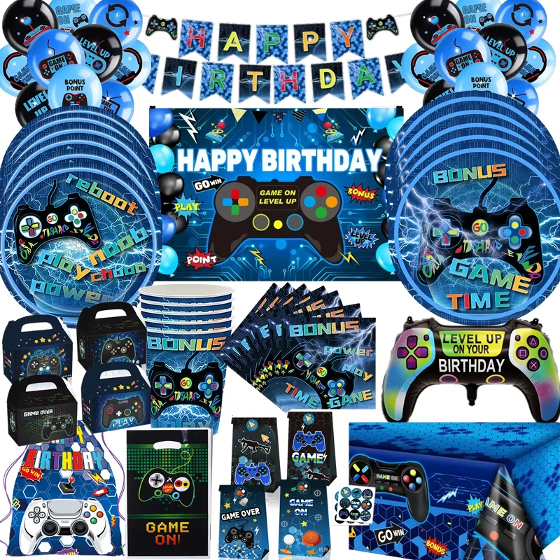 Décoration de fête d'anniversaire pour jeu vidéo, ensemble de vaisselle jetable, tasse en papier, assiette, nappe, serviette pour enfants, fournitures de réception-cadeau pour bébé