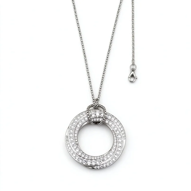 Paved Round Ring Pendant Long Necklace for Women, Full CZ Stone Circle Charm with Twist Spiral Bail, Silver or Gold Finish, Thin 90cm Adjustable Sweater Chain, Chic Fashion Jewelry, High Quality Alloy Hypoallergenic Durable Polished, Gift for Her Birthday