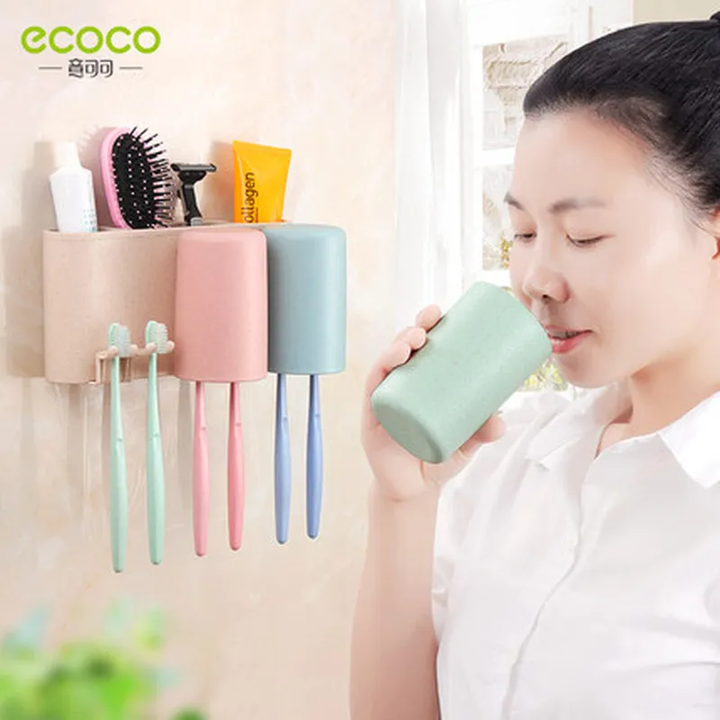 ECOCO Automatic Toothpaste Squeezer Bathroom Mouthwash Cup Toothbrush Holder Toiletries Rack Couple Set Family Shelf Wall Mount