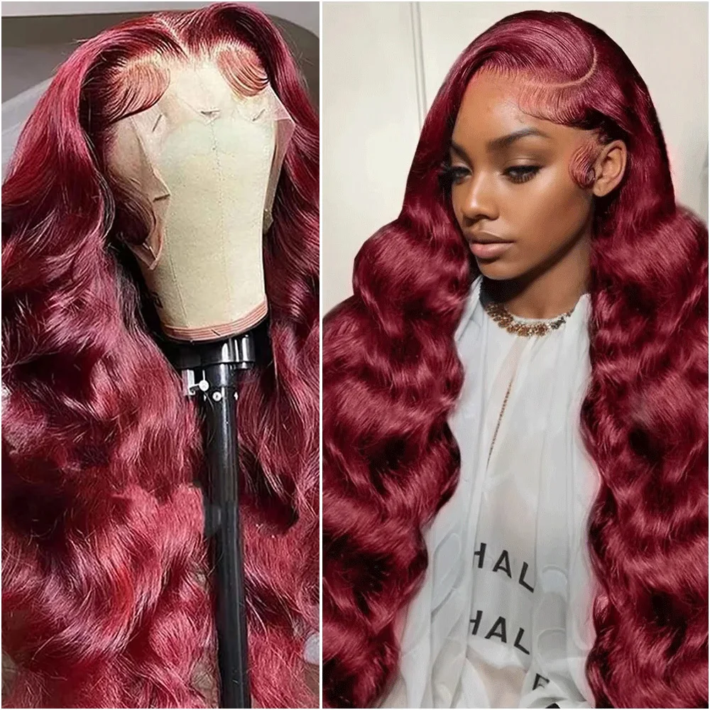

36 Inch Body Wave Red Burgundy 99J Lace Front Wig 13x6 HD Lace Frontal Wigs Brazilian 100% Human Hair Pre Plucked 200% Density