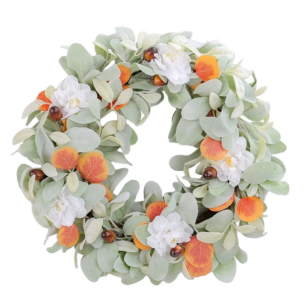 Plastic Foam Fabric Garland with Rabbit Ear Leaves and White Flowers for Thanksgiving Autumn Decor in Residential Spaces