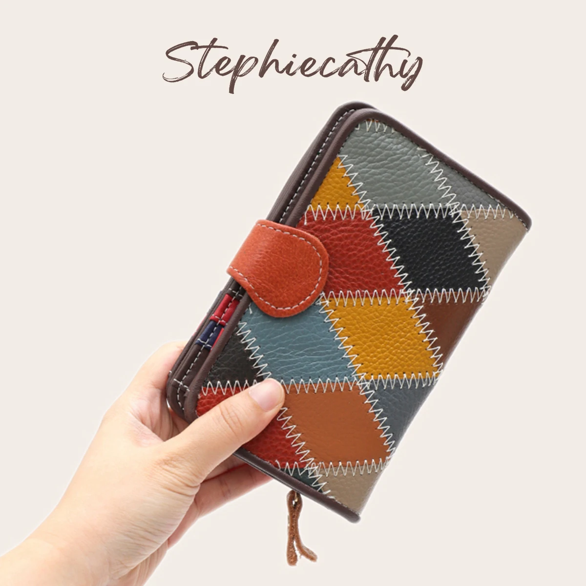SC Womens Colorful Patchwork Argyle Genuine Leather Wallet Multi Card Slots Cash Coin Pocket Fashion Functional Organizer Purse