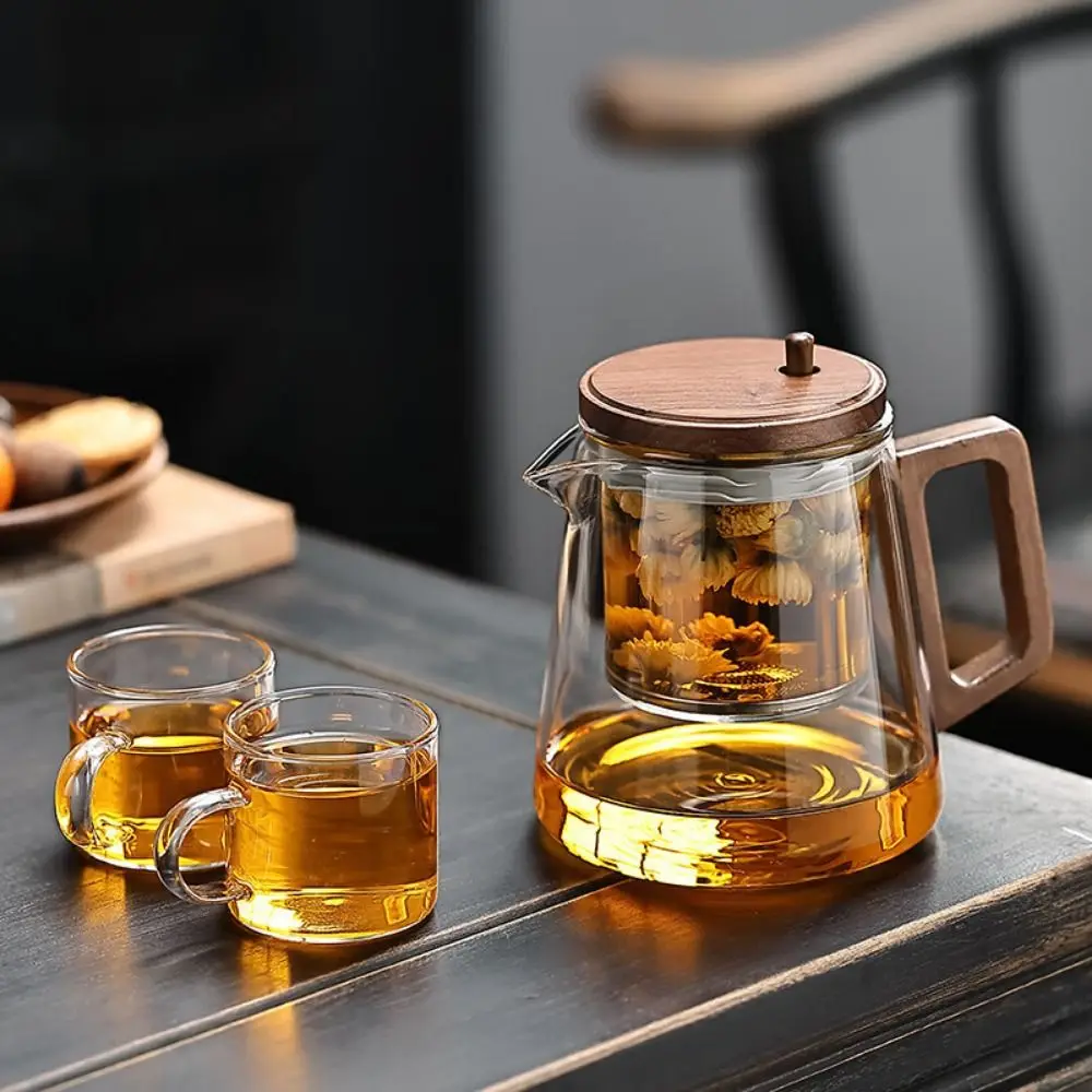 Creative Tea separation Glass Teapot Heat Resistant 650ML Lazy Kungfu Drip Teapot Tea Water Separation with Wooden Handle