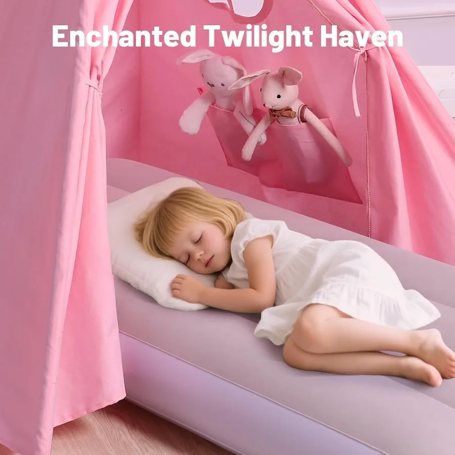 Roze Sleepover Tipi Tent voor kinderen - 2 stuks Tipi speelhuisje voor kinderen met verlichting en vlag en opblaasbaar luchtbed - Binnen/buiten Opvouwbaar