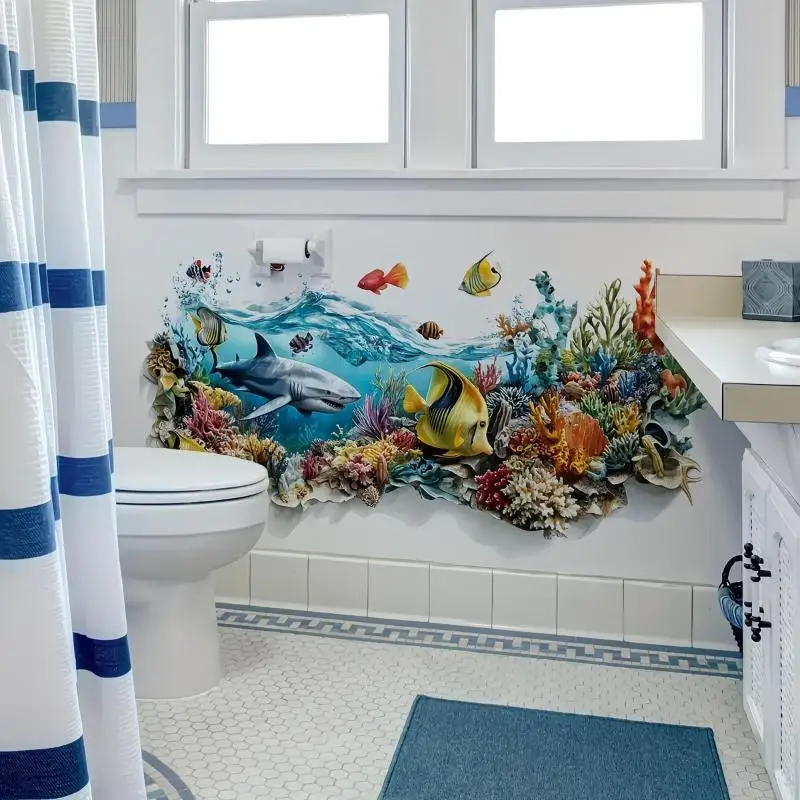 Ocean Fish Wall Sticker Waterproof Removable Decal for Summer Themed Bathroom Sink Area Home Decoration