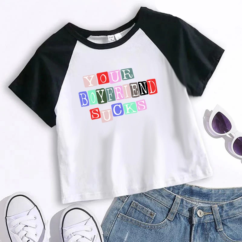 Summer Women's T-Shirt Your Boyfriend Sucks Letter Printed Crop Tops Sexy Baby Tee 2000s Y2k Patchwork Tee Aesthetic Streetwear