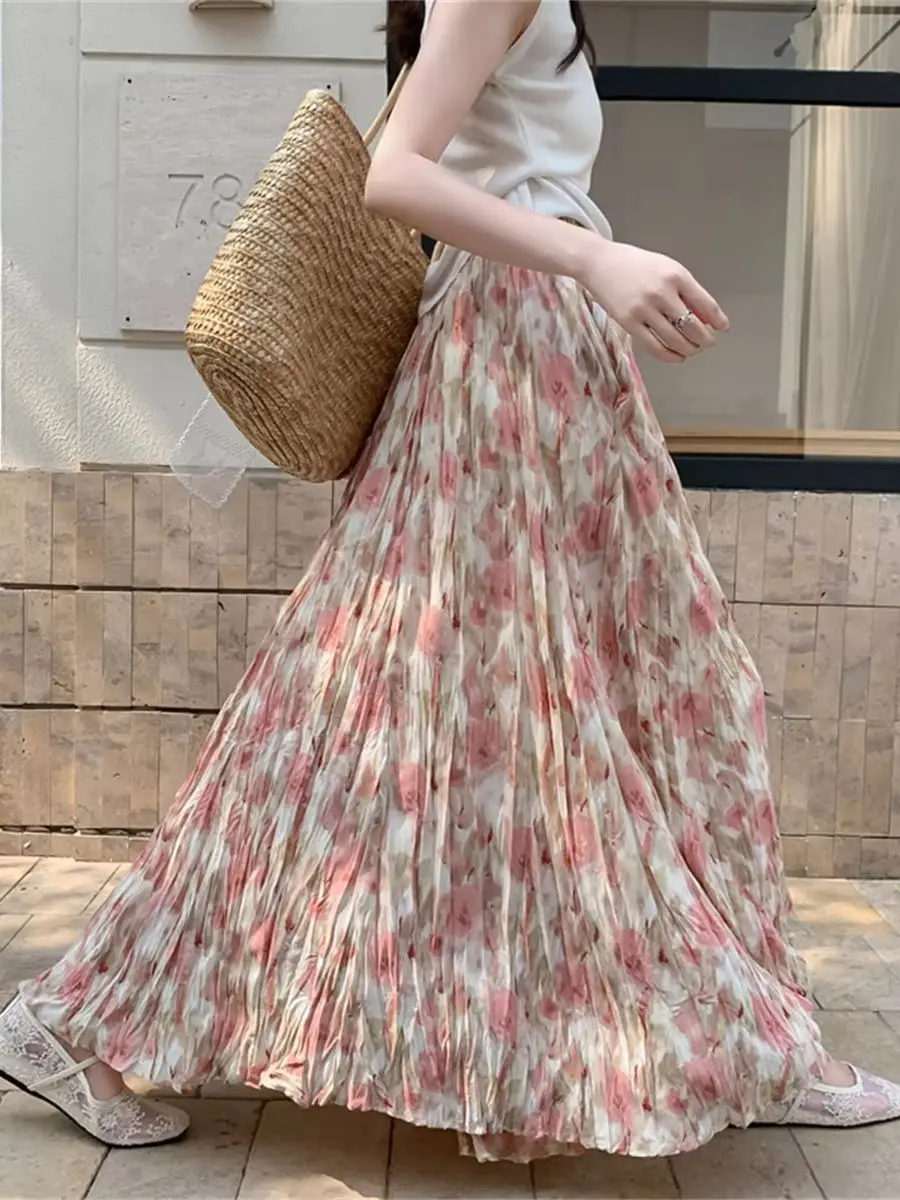 

New Summer Fashion Pink/Blue Floral Print Pleated Maxi Skirt For Women Casual Patchwork High-Waisted Slim Holiday Beach Skirt