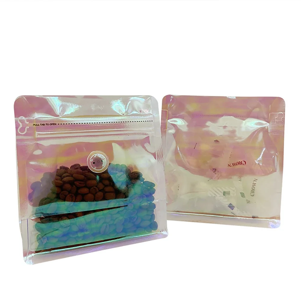 

50pcs Custom Printed Holographic Transparent 250g 500g 125g Flat Bottom Coffee Bean Packaging Bags with Valve T-type Tear Zipper