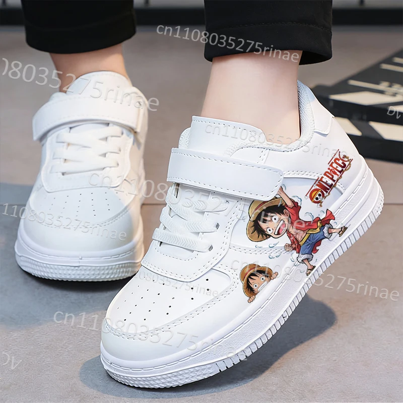 

Детские спортивные теннисные кроссовки One Piece Luffy для мальчиков и девочек, удобные нескользящие уличные белые кроссовки, прочные, размеры 28-40