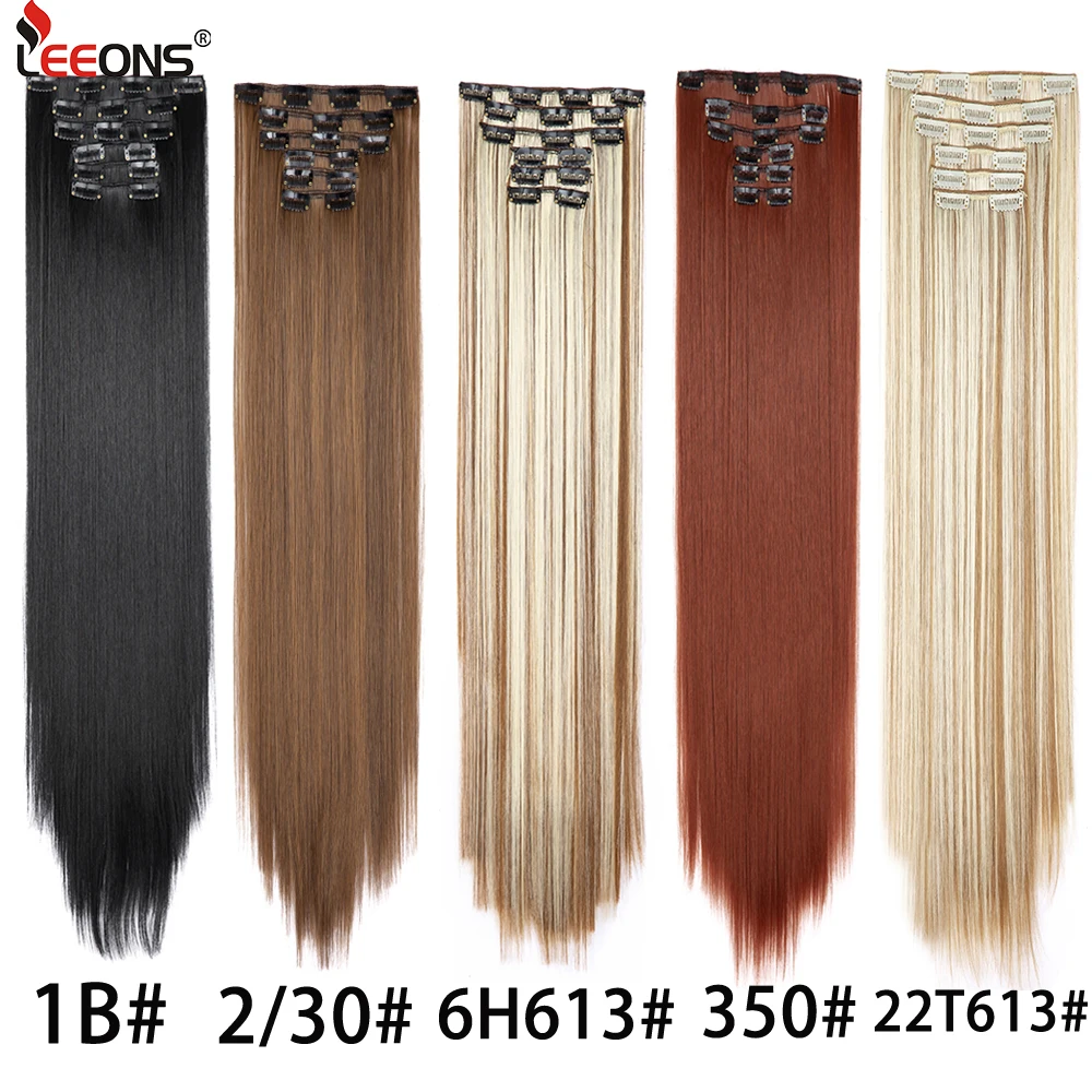 Extensiones de Cabello sintético para mujer, 16 clips, largo, 75Cm, 30 pulgadas, liso, negro, marrón, 6 unids/set, postizo grueso