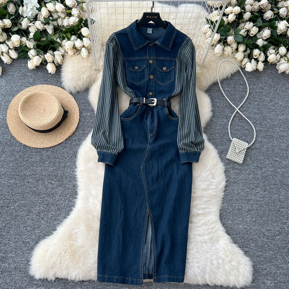 Women Long-sleeved Denim Dress Design Sense Niche Long-Sleeved Striped Splicing Lapel Metal Buckle Waist Slim Split Jeans Dress