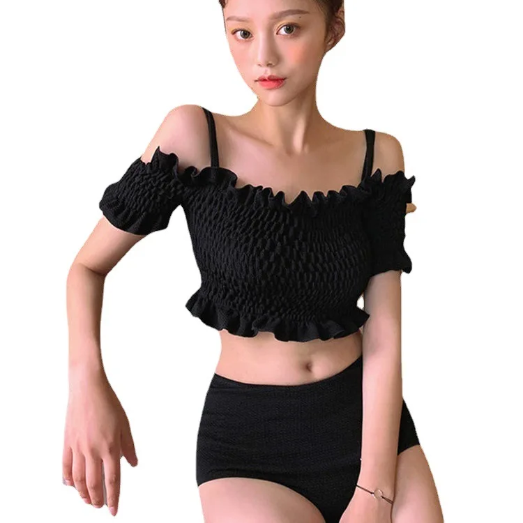 Seksowne bikini 2024 damskie stroje kąpielowe wysokiej talii damski strój kąpielowy czarne marszczone kostiumy kąpielowe dziewczęce koreańskie