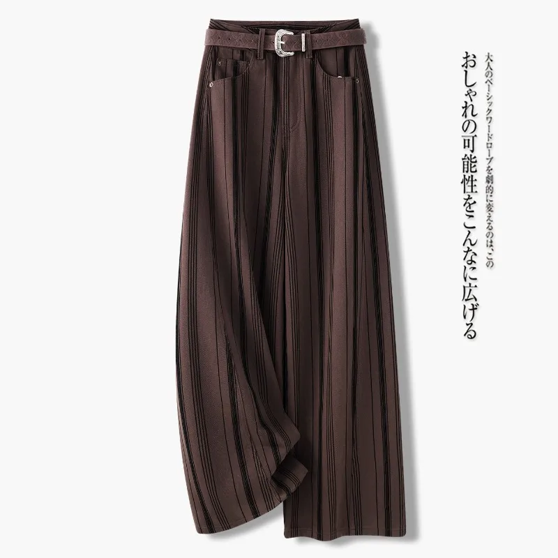 2026 Fashion Retro Striped High-waisted Jeans Women's Washed Denim Straight Trousers Autumn Wide-leg Pants Casual Coffee Jeans