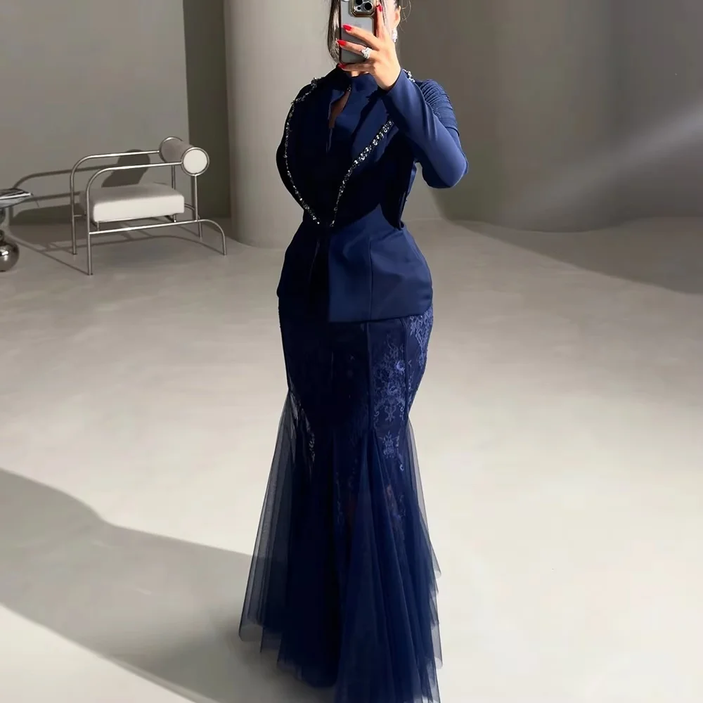 

Customized Exquisite Beading Women Prom Dress Long Sleeve Charming Lace Applique Party Dress Elegant V Neck Women Evening Gown