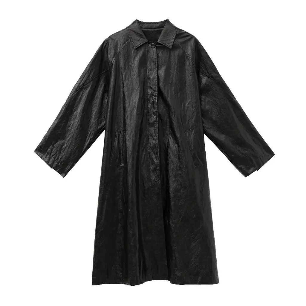 COMOS CMS Outono Vintage Longo Casaco de Couro PU Design de Gola Elegante Casacos Femininos de Alta Qualidade Estilo Elegante
