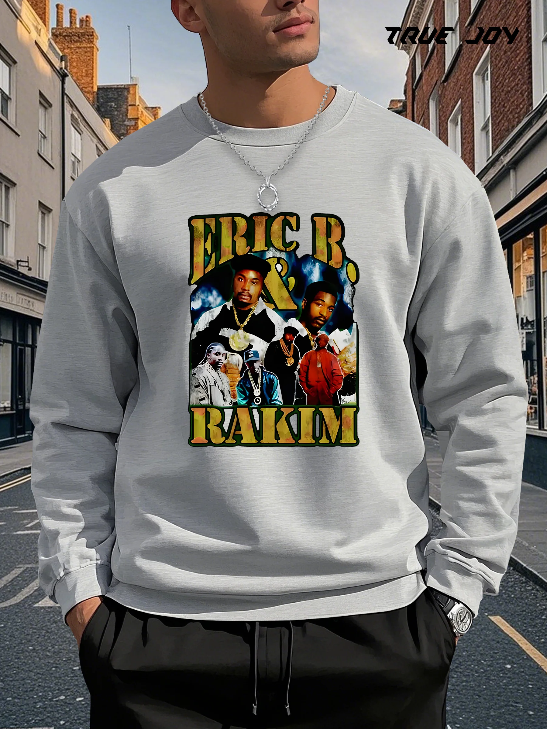 سويت شيرت برسومات Eric B & Rakim للرجال - بلوفر أسود كاجوال بأكمام طويلة مع طباعة نابضة بالحياة، فضفاض مناسب للخريف والشتاء