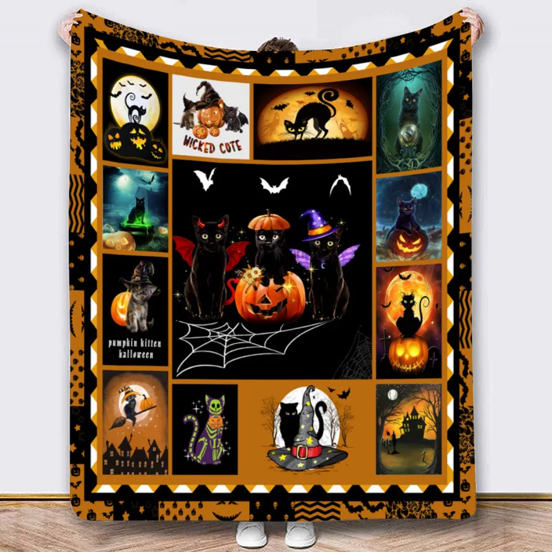 Halloween Throw Blanket Spooky Pumpkin Ghost Spider Web Witch Castle Print Flannel Blanket Soft Warm Sofa Bed Home Decor Holiday
