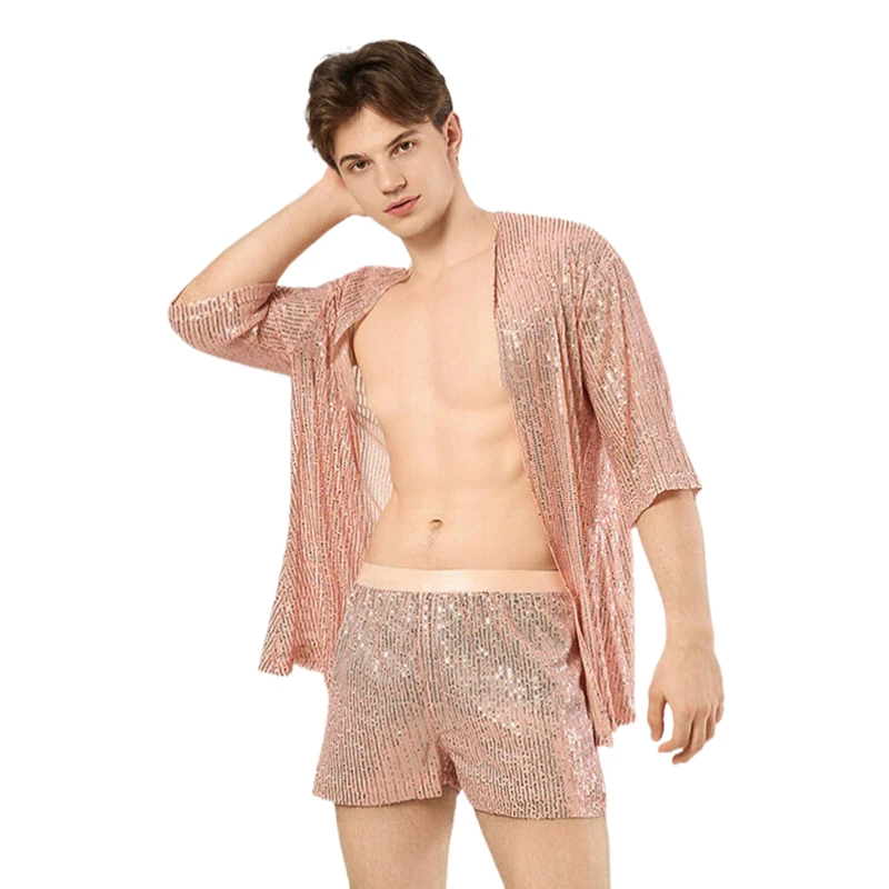 Herrenbekleidung 2-Teiliges Outfit Strickjacke Shorts Herren-Set Glitzernder Lockerer Strandüberzug Nachtclub Festival Rave Party Bühnenkostüm – Detail 10
