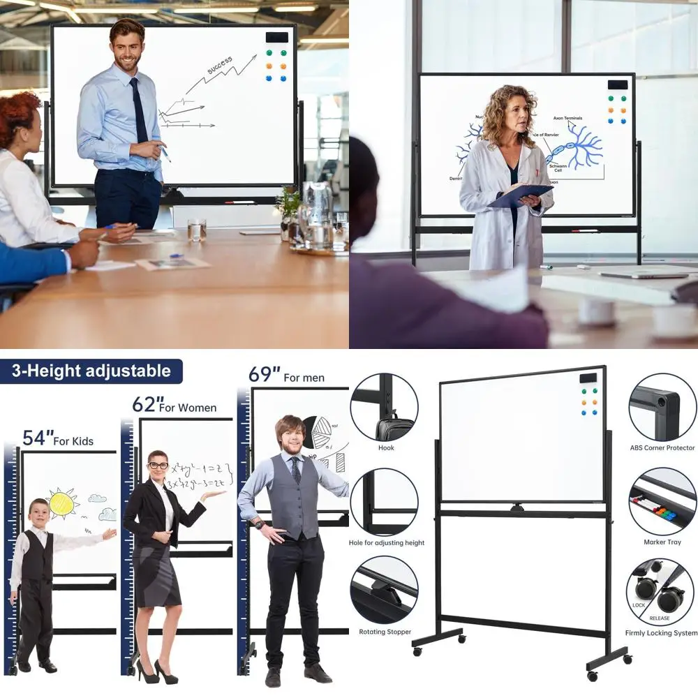 

Двусторонняя мобильная доска с регулируемой высотой на колесах, 48x32 дюйма, магнитная доска для сухого стирания для дома, офиса и класса
