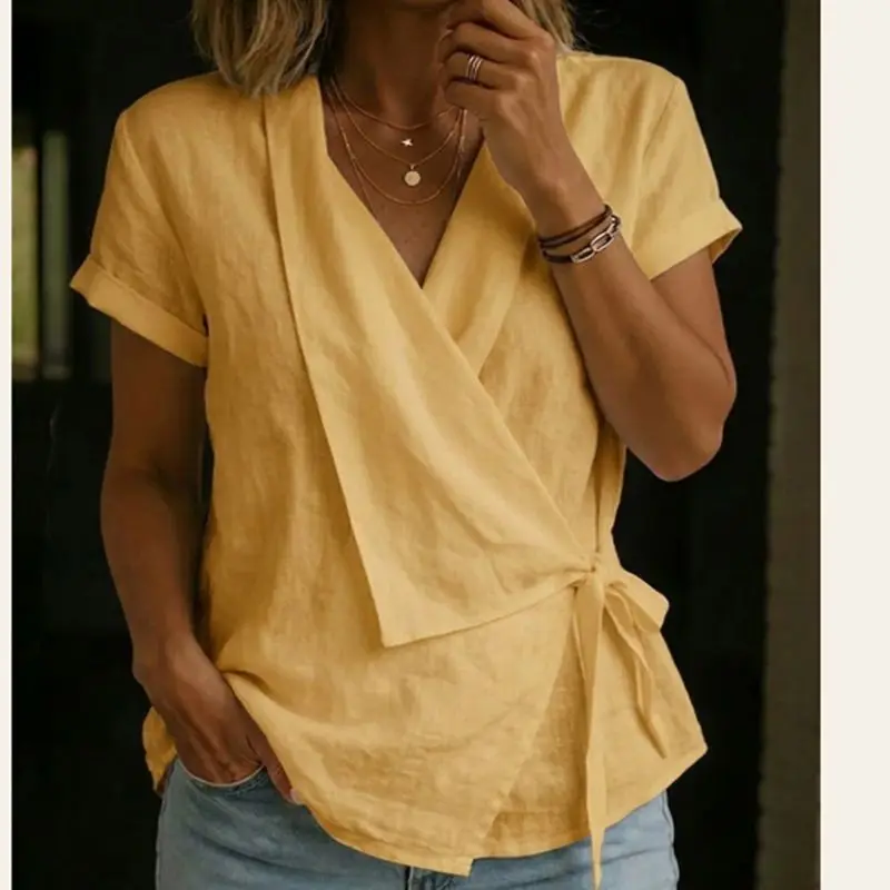 2026 New Cotton Linen Button V-Neck Tie-up T-Shirt Short Sleeve Loose Women'S Shirt Casual Tops Summer Women Thin Shirt Coat