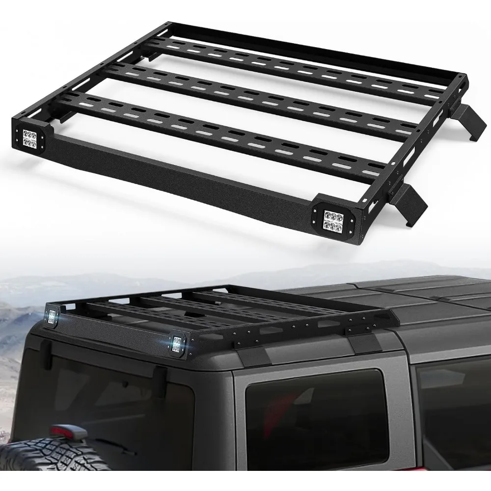 

Bronco Half Short Roof Rack Rear Cargo Basket with 2 Pcs Led Light Bars Compatible for 2021 2022 2023 2024 Ford Bronco Hardtop 4