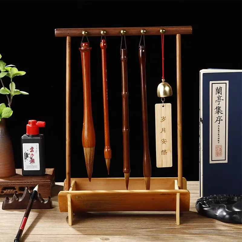 Chinese Soft Brush Calligraphy Brush Holder Rest, Vintage Wood Brush Stand Rack