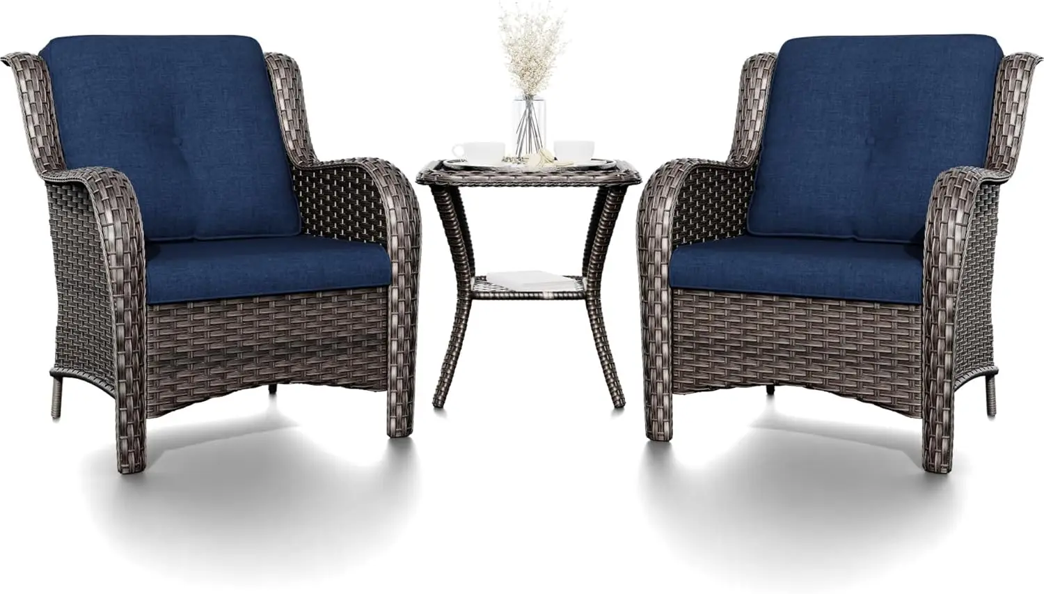 

Patio Bistro Set Wicker Chairs - 3 Piece Outdoor Rattan Conversation Set with 2 Armrest Chair and 1 Side Table