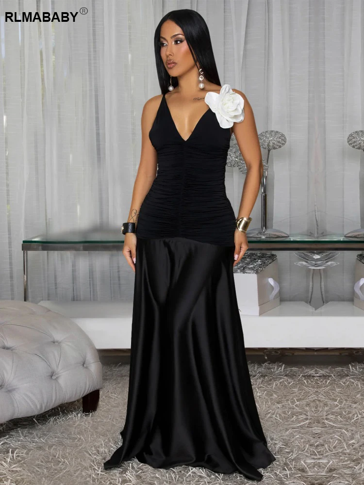 RLMABABY Abito lungo aderente da donna con applicazioni di fiori sexy con scollo a V e cinturino per spaghetti senza maniche, senza schienale, maxi abito da festa per club