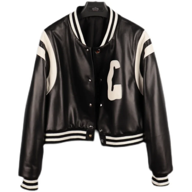 Genuine Leather Baseball Uniform Jacket Women Spring New Retro Contrast Color Stand-up Collar Sports Casual Real Sheepskin Coat