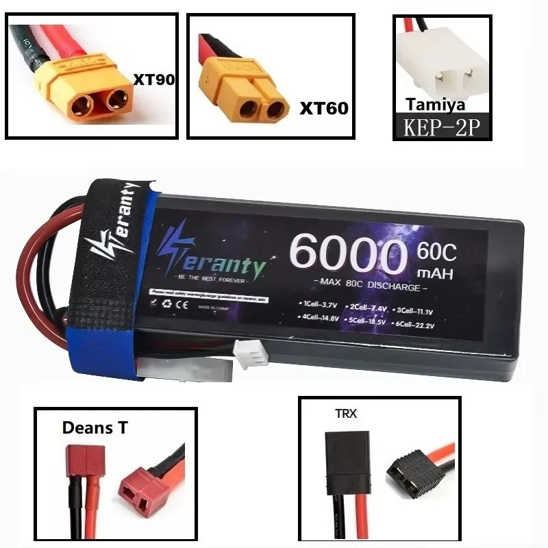 1 Uds Teranty 2S batería Lipo 6000mAh 7,4 V 60C para vehículos RC Buggy Truggy Crawler Monster Truck Car con TRX XT90 Dean T XT60