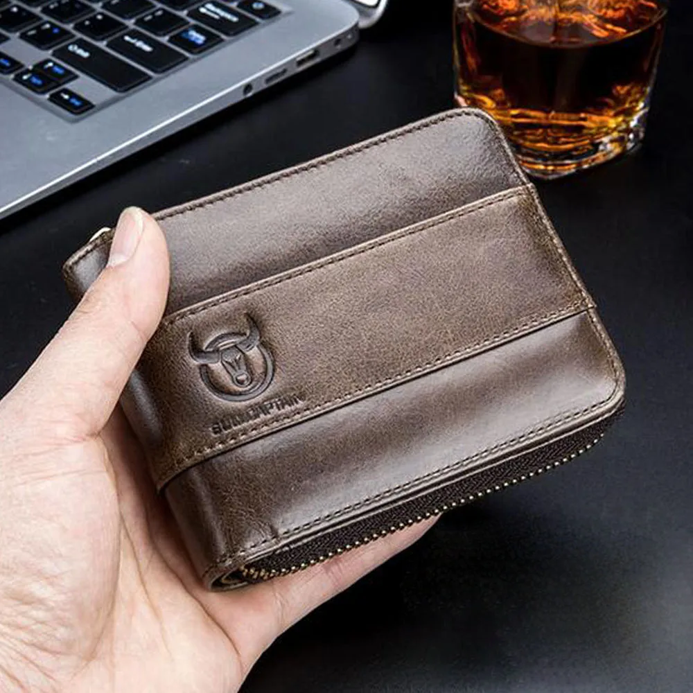 BULLCAPTAIN  New Arrival fashion Mens Wallet Cowhide Coin Purse Slim RFID Carteira Designer Brand Wallet clutch leather wallet