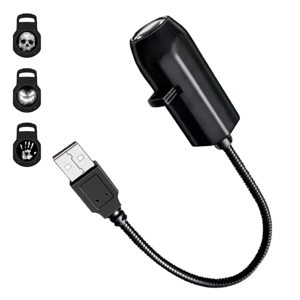 ﻿   جهاز عرض الهالوين USB يدور 360 درجة LED على شكل جمجمة مصباح بروجيكتور لتزيين جدران غرفة النوم وغرفة السقف