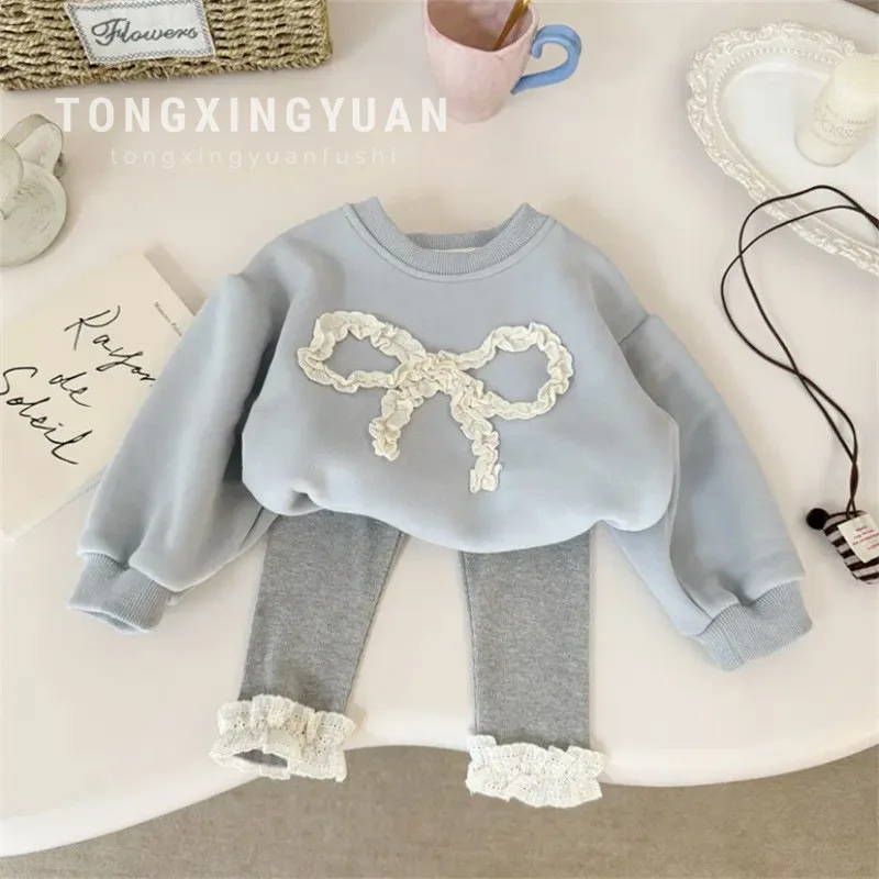 

Baby Girl Fleece Lace Bow Sweater Autumn Winter Blue Cheese Sweetheart Korean Knitted Lace Pants Set