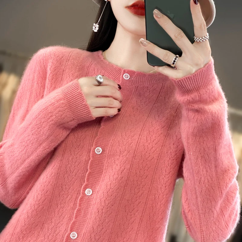 Autumn Winter 100% Wool Cardigan Sweater Women Clothing O-neck Sweater Female Long Sleeve Tops Knitted Fashion Warm New Sweater