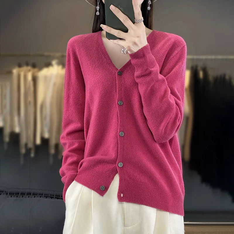 2024 autumn and winter new 100% pure wool loose plus size V-neck women\'s solid color long-sleeved fashion knitted cardigan sweat