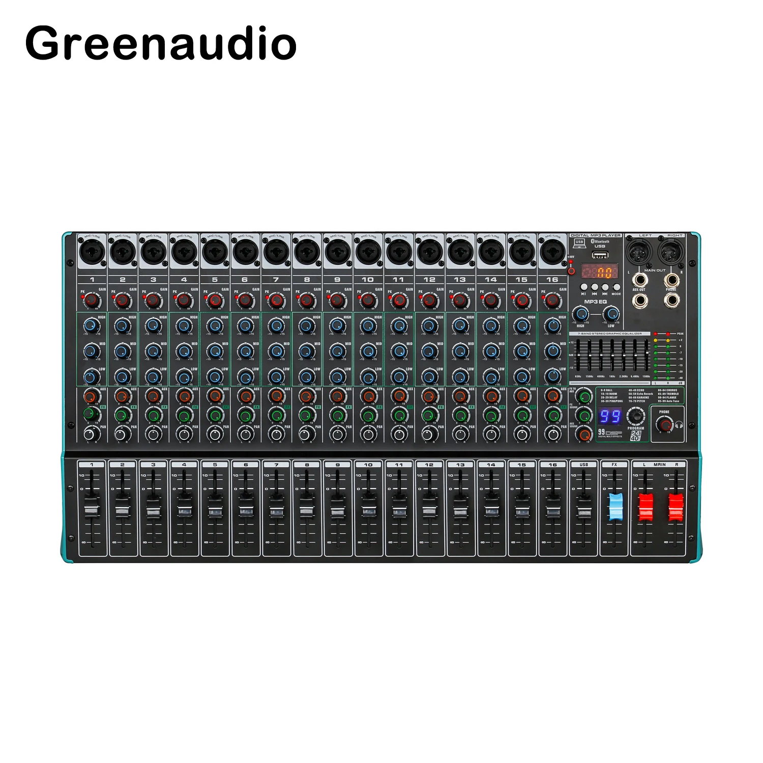 GAX-TK16 Newly Designed Music Equipment Studio Professional 16 Channel Mixer with 99 DSP Digital Reverb Effects 60MM Attenuator