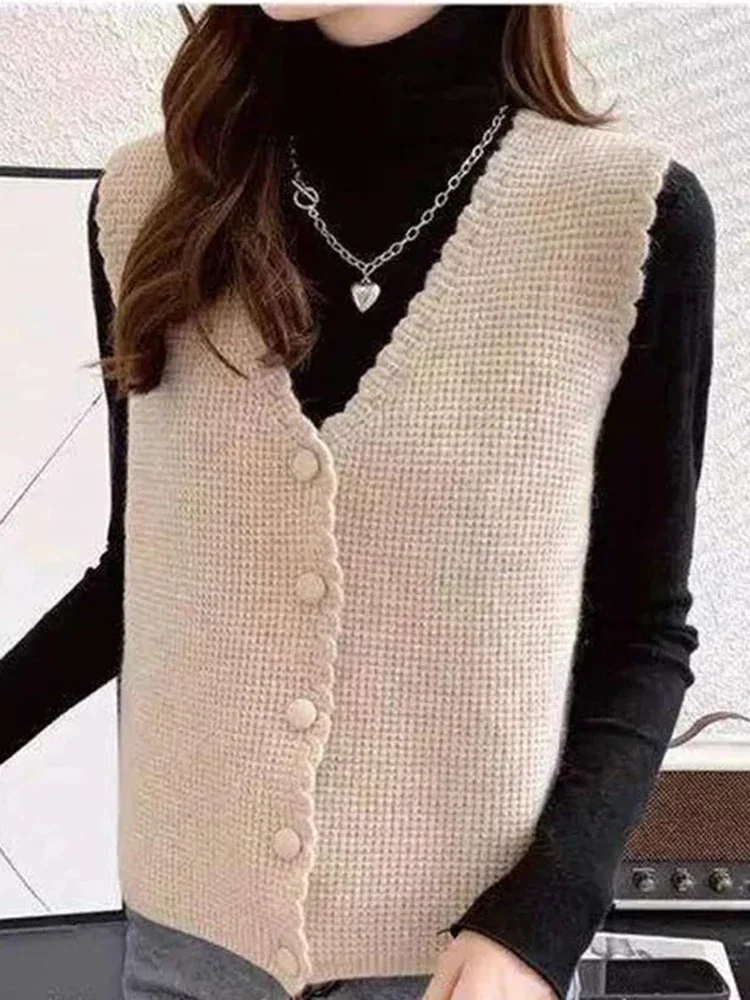 

V-neck Short Sweater Vests Tops Women Casual Knit Chaleco Coats New Single Breasted Knitwear Sleeveless Jackets Basic Gilets