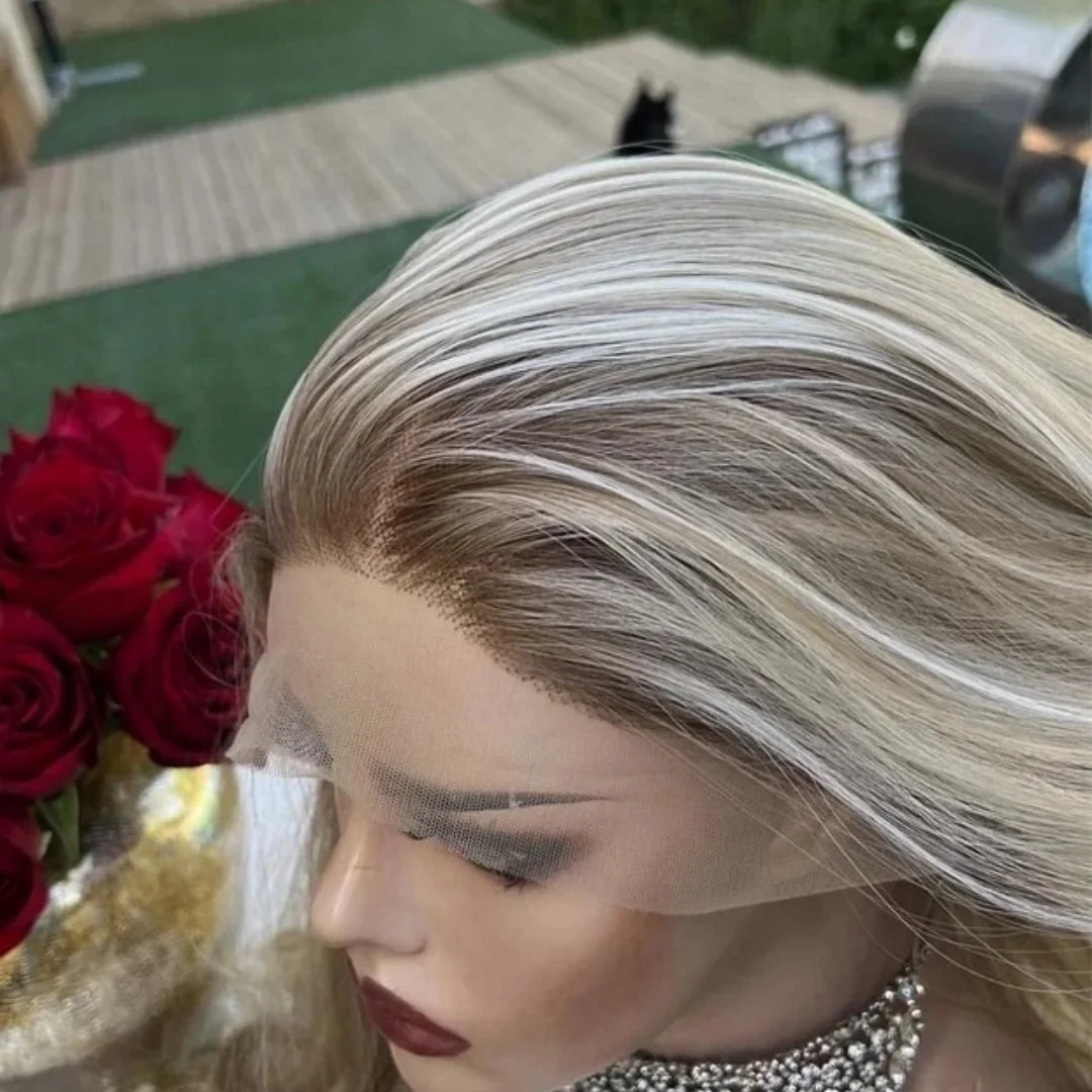 

Highlight Body Wave Synthetic Lace Frontal Wigs Female Fluffy Mix Color HD Transparent Lace Wigs Light Blonde Costume Woman