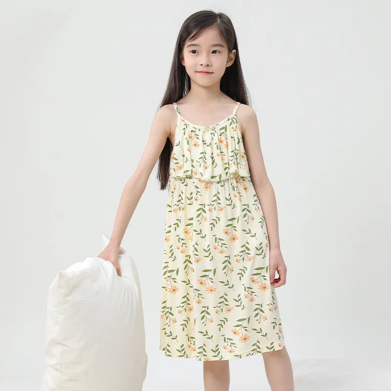 Size 100-160 Dresses for Girls Kids 2-12 Years Flowers Printed Quality Soft Modal Unique Design Home Clothes Sleep Dresses